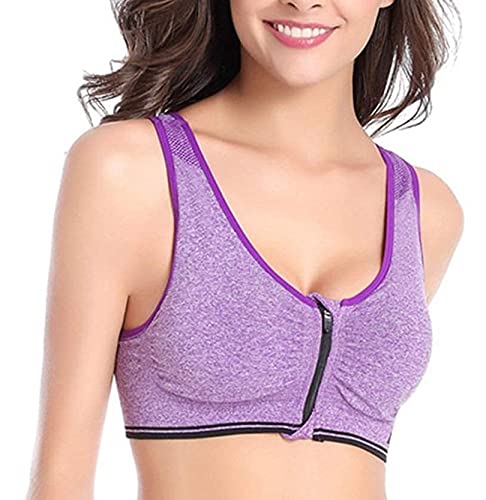 XMXM Women Polycotton Lightly Padded Non-Wired Encapsulation Sports Zip  Chain Bra Daily Use for Exercise and Gym Purple Fit Size 30-34
