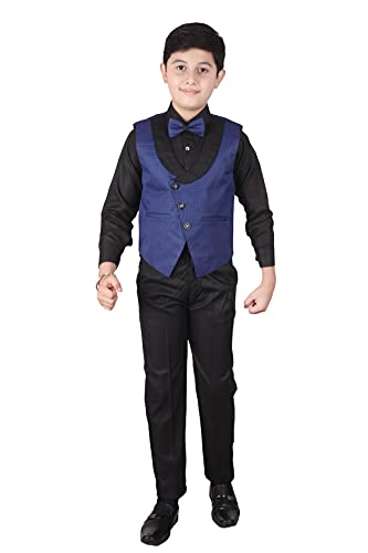 Pro-Ethic Style Developer Boy's Cotton 3 Piece Suit for Boys, Kids Wear with Waistcoat, Tie, Full Sleeve Shirt and Pant (Set of 4) (Blue, 6-7 Years)