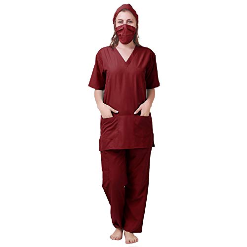 PrimeSurgicals Unisex Scrub Suit V-Neck 3 Pocket Top and 4 Pocket Cargo Trouser with Cap and Mask - (34 - XS, Carmine Maroon)