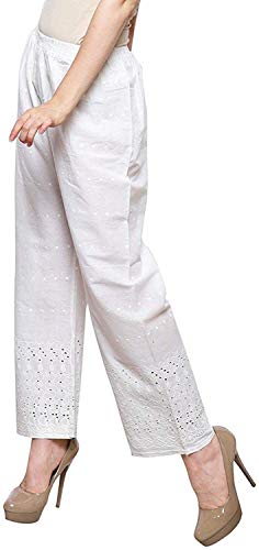 RONZGIN Women's Lucknow Chikan Regular Fit Palazzo Pant, Free Size of White (30)