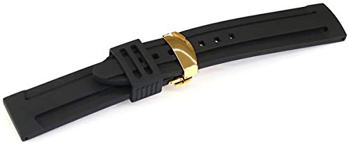 22mm Black Silicone Rubber Yellow Deployment Buckle Clasp Diver Watch Band Strap | Thick Comfortable Heavy Duty Wrist Strap for Men and Women