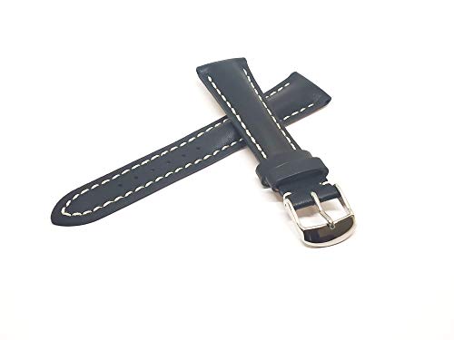 EwatchAccessories 22mm Genuine Leather Plain Style Black with White Stitches Watch Band Strap with Silver Stainless Steel Buckle for Men and Women