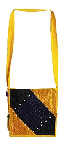 DollsofIndia Mirrorwork Velvet Bag with 1 Zipped and 1 Open Pocket - 10 x 10 inches, Strap Length - 50 inches (FJ29)