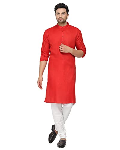 Gauri Laxmi Enterprise WELTPOCKET  Men's cotton knee-long full sleeve Solid Straight Kurta Pyjama Set (XXX-Large, Red)