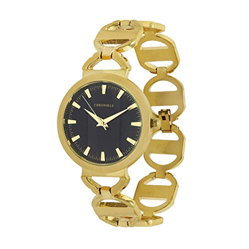 Chronikle Unique Women's Designer Metal Chain Wrist Watch (Dial Color: Black | Band Color: Golden)