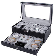 Load image into Gallery viewer, Divinext Wrist Watch Box Organizer 12 - Slot with Jewelry Drawer Case | 30 X 20 X 8 cm | Black
