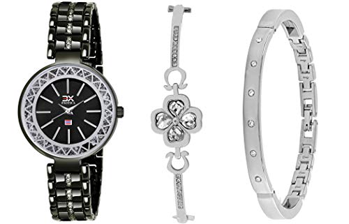 Exotica FashionsWomen's Swarovski Crystal AccentedBlack and Silver-Tone Bangle Watch and Bracelet Set