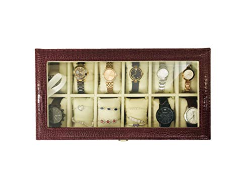 LA TROVE 12 Slot Watch Display Box CASE Organiser Leatherette WATCHBOX Men Women Unisex Gift Boxes with Glass TOP (Maroon)