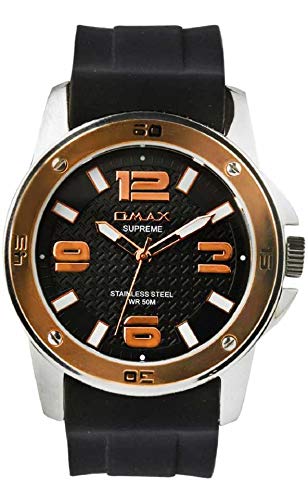 OMAX Analog Black Dial Gold Tone with Long Lasting Black Silicone Strip Smart, Sporty, Fashinable and Trendy Watch for Boys and Men-All Stainless Steel case Durable Rich Look Fashionable Strap SS449