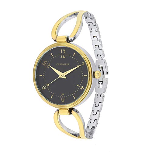 CHRONIKLE Designer Sleek Chronikle Women's Metal Chain Wrist Watch (Dial Color: Black | Band Color: Silver & Gold)