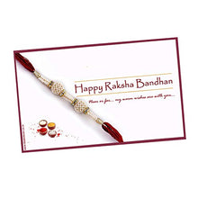 Load image into Gallery viewer, Ascension  3 Ganesha Ganpati rakhi Kundan Meena Rakhi Raksha Bandhan Gift Band Moli Bracelet Wristbands Stone Pearl Designer Rakhi with 200g Kanha Soan Papdi sweet, Card &amp; Roli Tilak Pack
