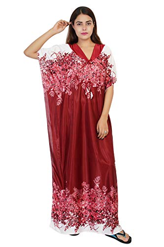 REN STAR Women's Printed Satin Blend Nightwear Kaftan Nighty Maxi 1205 (Light Maroon, Size : XL)