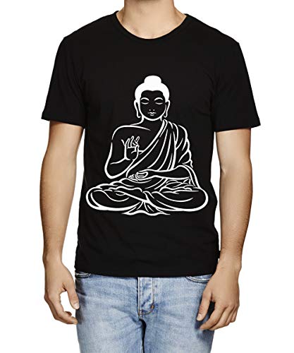 Caseria Men's Round Neck Cotton Half Sleeved T-Shirt with Printed Graphics - Buddha (Black, XXL)