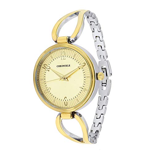 Chronikle Women's Analogue Golden Dial Silver and Gold Sleek Metal Chain Wrist Watch