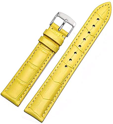 EwatchAccessories 20mm Yellow Genuine Leather Watch Band Strap with Silver Stainless Steel Buckle for Men and Women
