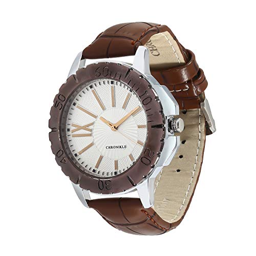 Chronikle Unique Designer Men's Wrist Watch (Dial Color:White | Band Color: Brown, Leather Strap)