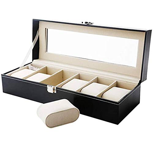 EEEZEEE 1 Pc Watch Box Watch Case 6 Slot with Removable Watch Pillow Watch Holder with Glass Lid Black Size 30 x 8 x 11 cm