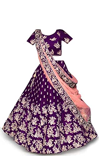 New Fashion Adda Girl's Taffeta Satin Semi Stitched Lehenga Choli With Unstitched Blouse And Readymade Dupatta (_Purple_4-5 YEAR)