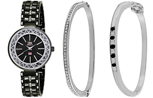 Exotica Fashions Women's Swarovski Crystal Accented Texture Bangle Watch and Bracelet Set (Pack of 3)