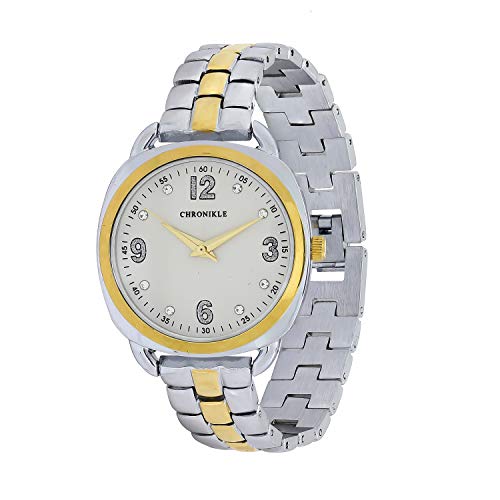 Chronikle Unique Women's Metal Chain Wrist Watch with Diamond Studded Stones On Dial (Dial Color: White | Band Color: Silver & Gold)