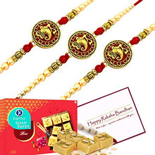 Load image into Gallery viewer, Ascension  3 Ganesha Ganpati rakhi Kundan Meena Rakhi Raksha Bandhan Gift Band Moli Bracelet Wristbands Stone Pearl Designer Rakhi with 200g Kanha Soan Papdi sweet, Card &amp; Roli Tilak Pack
