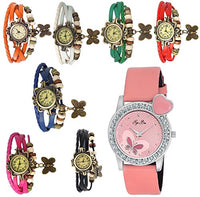 Pappi-Haunt Designer Vintage Leather Combo - 7 Multicolor Bracelet Butterfly Watch & Cute Heart Pink Butterfly Analog Casual Leather Watch for Girls, Women - Combo Offer