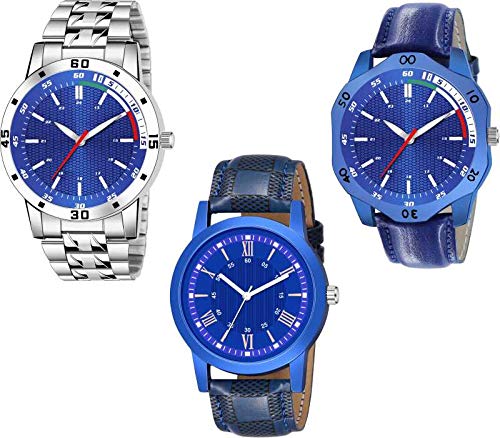 Shanti Enterprises Casual Analogue Blue Dial Men's Stainless Steel/Leather Watch (Combo of - 3)- SNT_RE22312