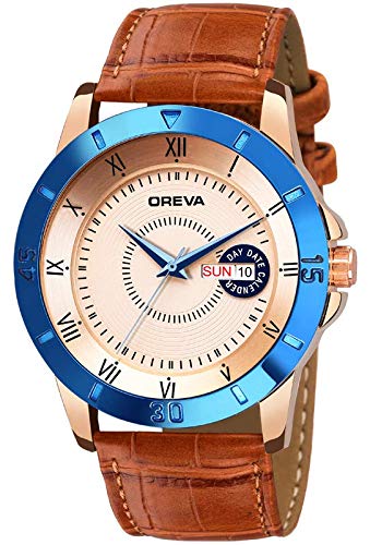 Oreva Leather Men's/Boy's Analogue Wrist Watches (Rose Gold-Rose Gold)