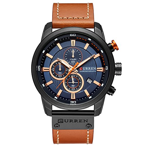 CURREN Mens Water Resistant Sport Chronograph Watches Military Multifunction Leather Quartz Wrist Watches (Black Blue)