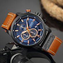 Load image into Gallery viewer, CURREN Mens Water Resistant Sport Chronograph Watches Military Multifunction Leather Quartz Wrist Watches (Black Blue)
