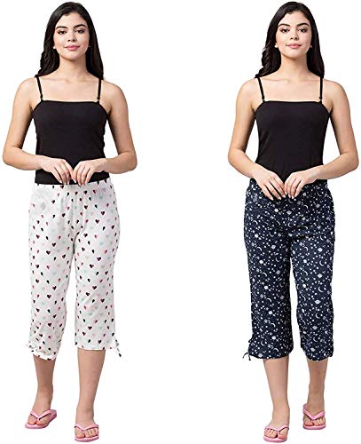 Safeshop - (Pack of 2) Women's Cotton Capri Night Pyjamas Nightwear Capri for Girls and Women Printed 3/4 Pyjama, Free Size (fits from 28-36 inches Waist), Prints May Vary (Assorted Colours) R Loose