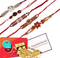 Ascension  4 Assorted design Kundan Meena Rakhi Raksha Bandhan Gift Band Moli Bracelet Wristbands Stone Pearl Designer Rakhi with 200g Kanha Soan Papdi sweet, Card & Roli Tilak Pack