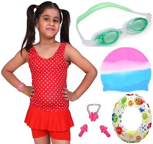 THE MORNING PLAY Swimming Costume for Girls with Goggles Cap 2 EARPLUG Nose Clip Swim Ring Baby Girls Swimming Kit (Pink, 9-10 Years)