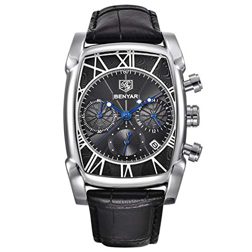 BENYAR Men's Business Wear Soft Black Leather Date Display Chronograph Watch -Resistant Watch