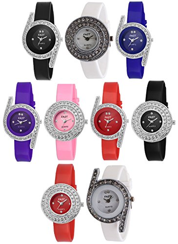 Pappi-Haunt - Quality Assured - Pack of 9 - Sober & Classic Stone Studded Analog Casual Leather Watch for Women, Girls