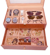 Load image into Gallery viewer, KNOTT Watch Case Cum Jewellery Box &amp; Sunglass Case Transparent Top Watch Case for 6 Watches (Tan)
