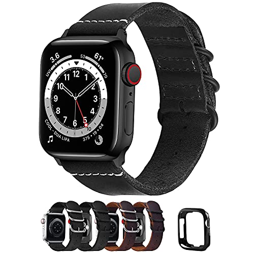 Fullmosa NATO Strap Compatible with Apple Watch 38mm 40mm 42mm 44mm, 2-Piece Leather Strap for iWatch Series SE 6/5/4/3/2/1, 38mm 40mm Black