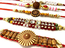 Load image into Gallery viewer, Ascension  4 Assorted design Kundan Meena Rakhi Raksha Bandhan Gift Band Moli Bracelet Wristbands Stone Pearl Designer Rakhi with 200g Kanha Soan Papdi sweet, Card &amp; Roli Tilak Pack
