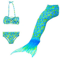 YUPPIN 3 Pcs Kids Swimsuit Mermaid Tails for Swimming for Girls Bikini Costume Sets Blue-Green