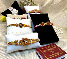 Load image into Gallery viewer, Ascension  4 Assorted design Kundan Meena Rakhi Raksha Bandhan Gift Band Moli Bracelet Wristbands Stone Pearl Designer Rakhi with 200g Kanha Soan Papdi sweet, Card &amp; Roli Tilak Pack

