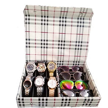 Load image into Gallery viewer, PRONIKS Eyewear,Sunglass,Goggles,with Watches and Bracelet Accessories Leather Box case cover zipper dubba 10pcs Storage/ 6pcs Watch and 4pcs Sunglass storage compatment organizer in White &amp; black Col
