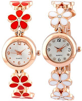 Pappi-Haunt Pack of 2 - Designer Red & White Flower Golden Chain Bracelet Wrist Watch for Girls, Women