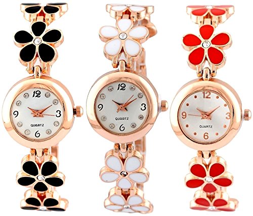 Pappi-Haunt Pack of 3 - Designer Black, White & Red Flower Golden Chain Bracelet Wrist Watch for Girls, Women